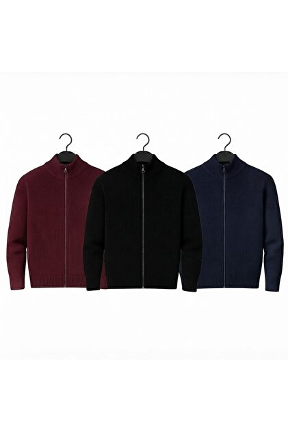 3-Piece Set of Men's Long-Sleeved Winter Thick Full Zipper Stand-Up Collar Cardigan Sweater 100% Cotton Basic