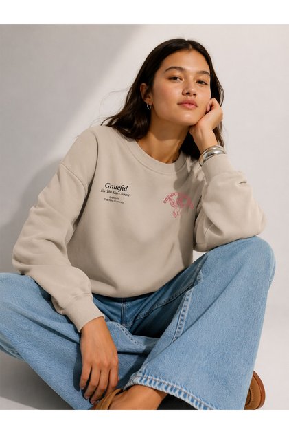 Women's Cosmic Greatidul Angel Printed Comfortable Fit Crew Neck Beige Sweatshirt