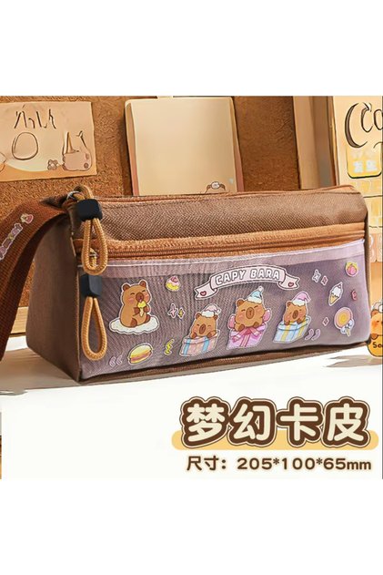 Children's Capybara Kuromi Pencil Case with Animal Figures, Large Size Pencil Holder, 3 Compartments, Zippered Pencil Bag, Transparent Front Pocket Organizer, School Stationery Pencil Holder Bag, Multi-Purpose Pencil Case with Strap