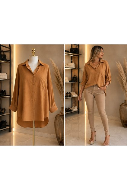 Camel Rengi Krinkıl Dokulu Gömlek