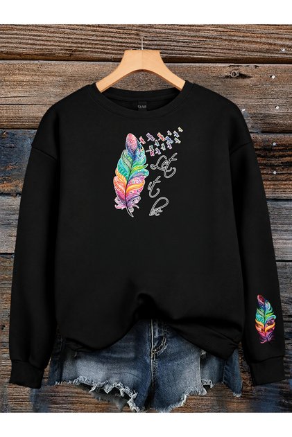 Women's Left It Palm Tree Sleeve Printed Comfortable Fit Crew Neck Black Sweatshirt