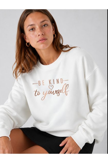 Women's Be Kind Yourseld Written Casual Fit Crew Neck White Sweatshirt