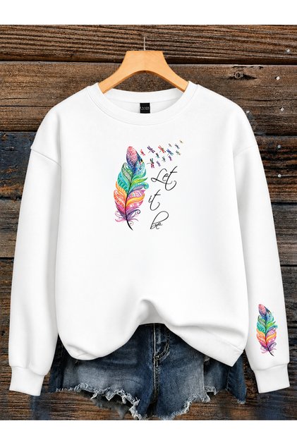 Women's Left It Palm Tree Sleeve Printed Comfortable Fit Crew Neck White Sweatshirt