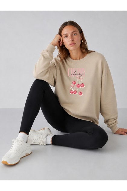 Women's Cherry Altı Cherry Graphic Printed Comfortable Fit Crew Neck Beige Sweatshirt