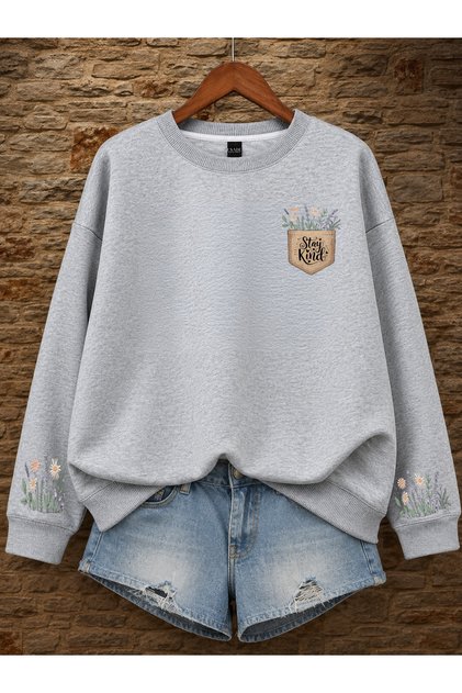 Women's Stay Kind Chest and Floral Sleeve Printed Comfortable Fit Crew Neck Gray Sweatshirt