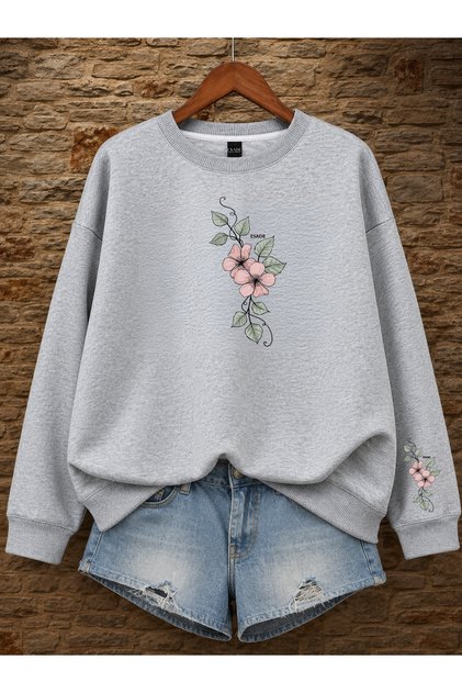 Women's Ivy Flower Sleeve Printed Comfortable Fit Crew Neck Gray Sweatshirt