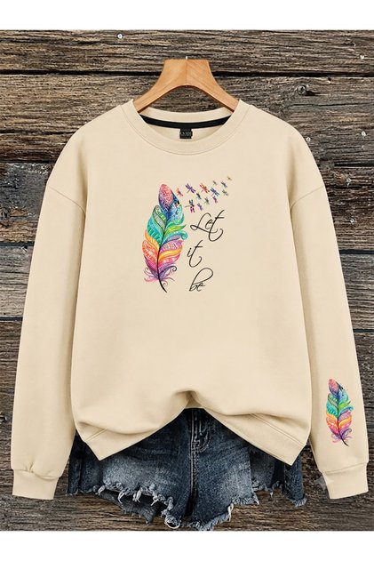 Women's Left It Palm Sleeve Printed Comfortable Fit Crew Neck Beige Sweatshirt