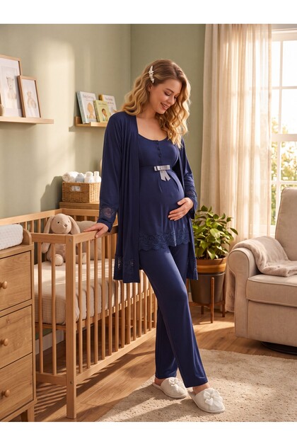 New Season Navy Blue Rope Strap Lace Detailed Design Buttoned Breastfeeding Compatible Maternity Pajama Set