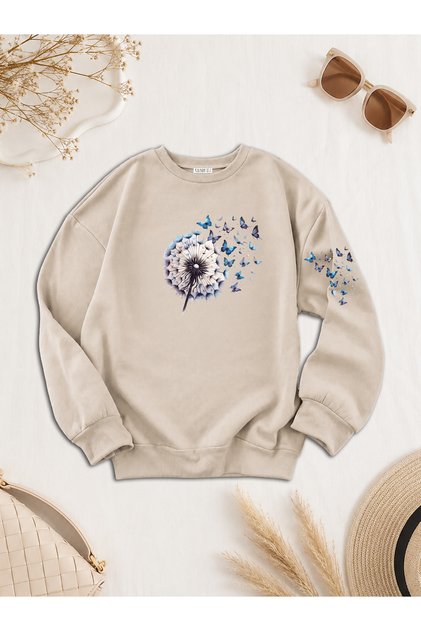 Women's Flying Butterfly Sleeve Print Detailed Comfortable Fit Crew Neck Beige Sweatshirt