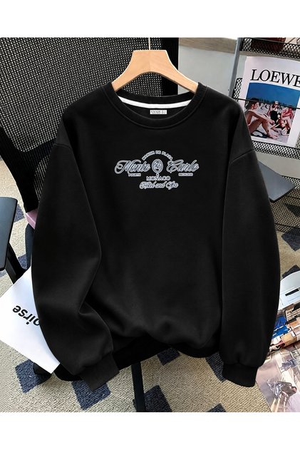 Women's Monte Monaco Text Printed Comfortable Fit Wool Crew Neck Black Sweatshirt