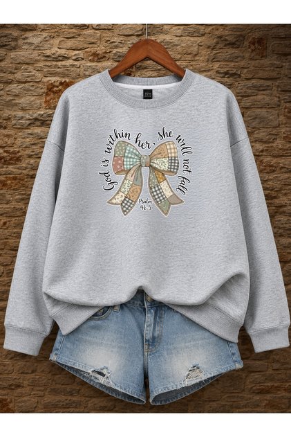 Women's Bow Patterned Written Comfortable Fit Crew Neck Gray Casual Sweatshirt