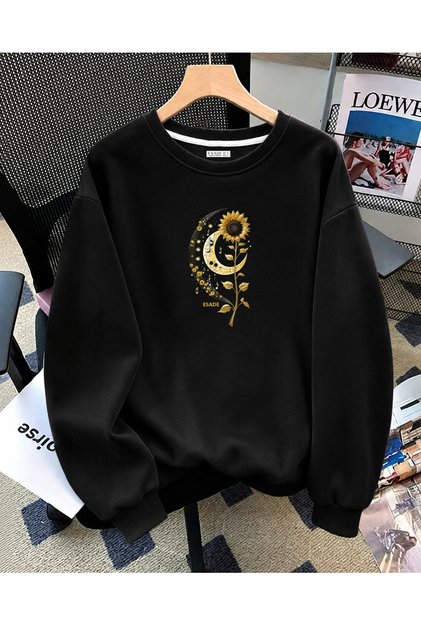 Women's Daisy Moon Printed Wool Comfortable Fit Crew Neck Black Sweatshirt