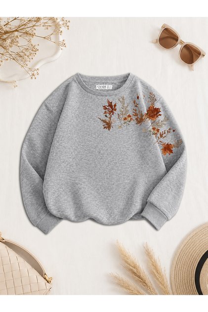Women's Dal Autumn Sleeve Printed Comfortable Fit Crew Neck Gray Sweatshirt