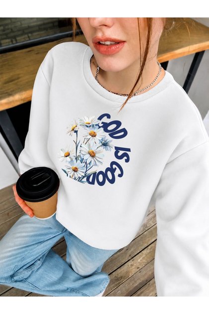 Good Is Papatya Printed Crew Neck Comfortable Fit White Sweatshirt