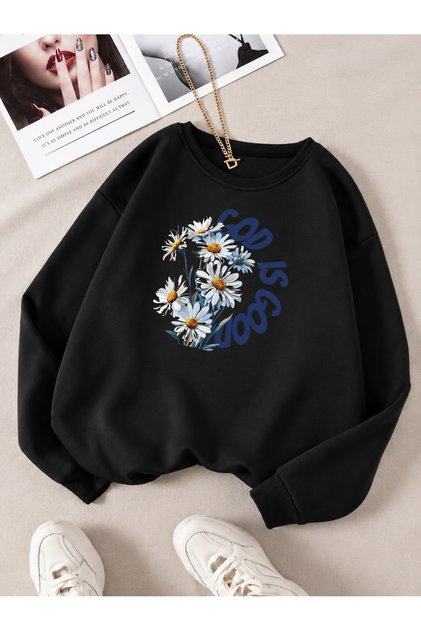 Good Is Papatya Printed Crew Neck Comfortable Fit Black Sweatshirt