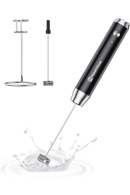 Electric Milk Frother, Hand-Held, Rechargeable, with Stand, Waterproof, and Whisk Attachment.