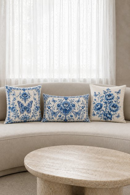 Blue Butterfly and Floral Patterned 3-Piece Throw Pillow Cover Set