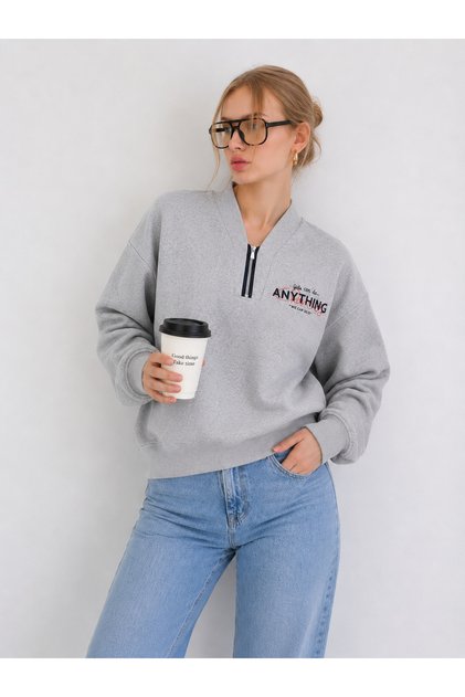 Kadın Gri Anything Baskılı Şal Yaka Yarım Fermuarlı Sweatshirt