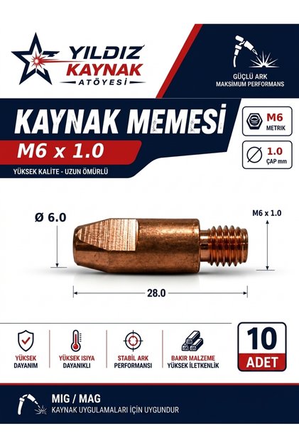 M6 x 1,0 mm Kaynak Memesi Kontak Uç 1,0 mm MIG/MAG 10 Adet