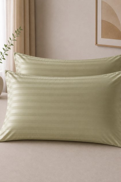 Set of 2 Cotton Satin Striped Pillowcases - 83 Thread Count (210 Tc) Khaki 50X70