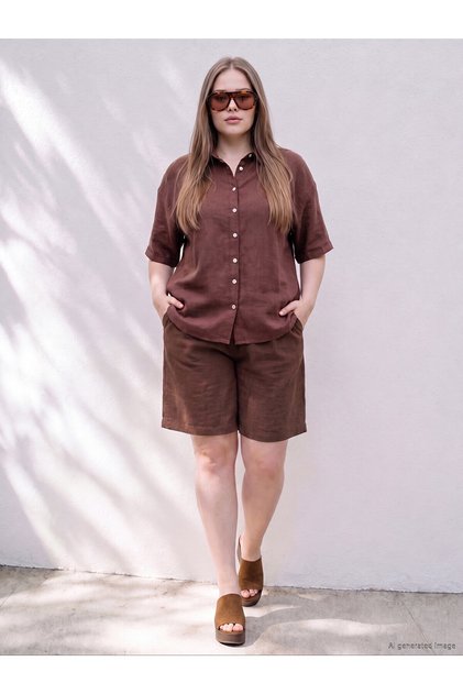 Lcwaikiki Curve Brown Plus Size Linen Blend Women's Trousers