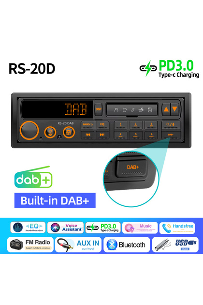 RS-20D DAB Retro MP3 Car Radio Player 1 DIN Stereo EQ FM AM RDS DAB Receiver QC3.0 Bluetooth USB AUX