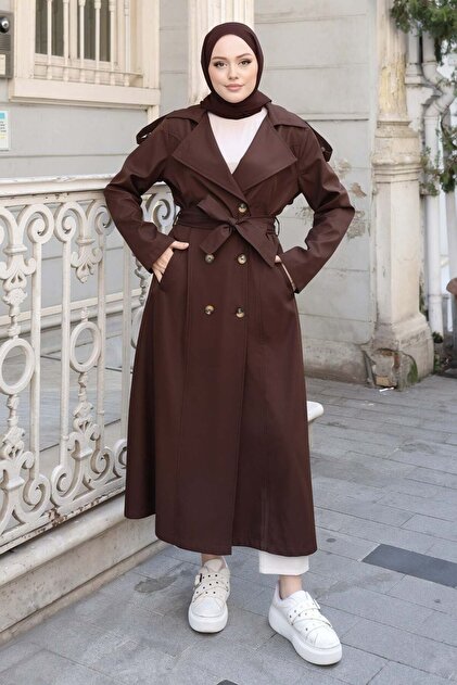 Belted Double-Breasted Long Trench Coat Brown 2028