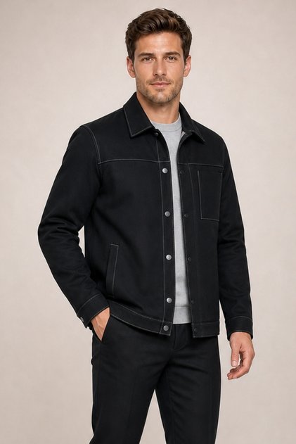 Men's Black Gabardine Seasonal Jacket with Stitching Detail