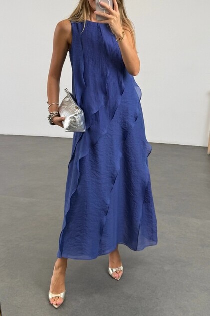 Dark Blue Sleeveless Long Dress with Volants on the Front 3450