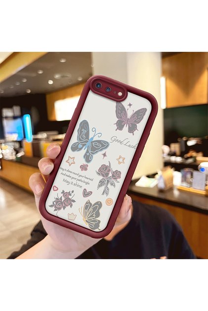 iPhone 8 Plus Compatible Case Camera Protector Heart Pattern Maroon Lover Couple Silicone Phone Case