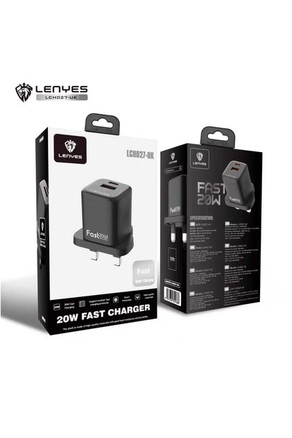 شاحن سريع بقوة 20 واط | شاحن حائط بمنفذين USB-C و USB-A | محول قابس كهربائي مدمج للمملكة المتحدة