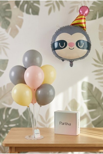 Safari Sloth Head Balloon Stand Set with Hat | Transparent 7-Piece Stand + Sloth Foil Balloon + 7 Latex Balloons