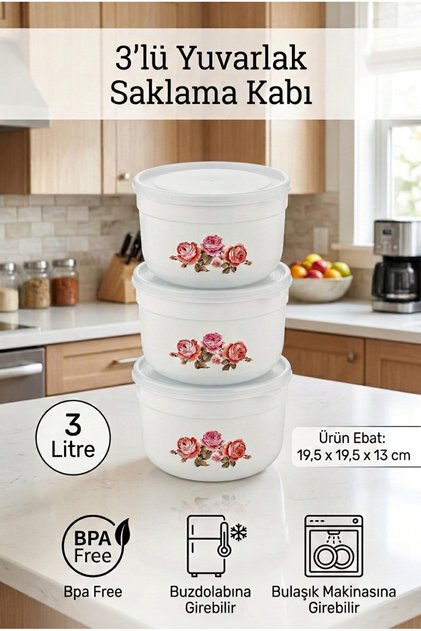 Storage Container Set of 3 Round Food Storage Containers with Lids (3 Liters)