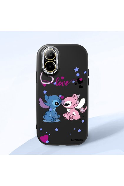 Realme 12 Lite Compatible Case Camera Protective Black Stitch Patterned Silicone Couple Phone Case