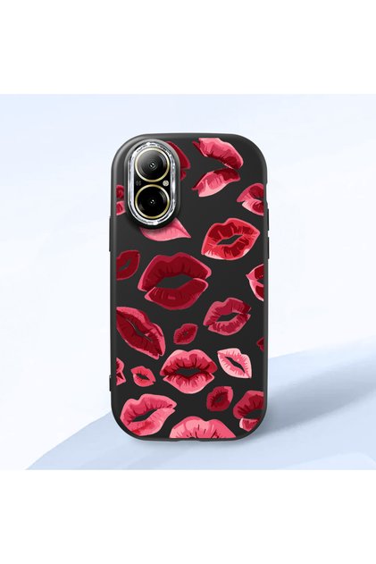 Realme 12 Lite Compatible Case Camera Protector Black Kiss Patterned Silicone Lover Couple Phone Case