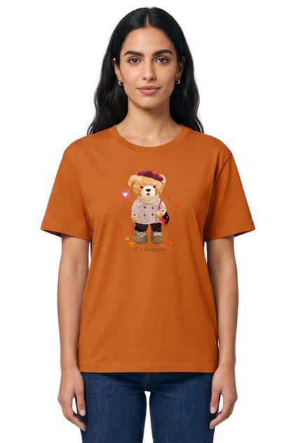 Women's Orange Autumn Teddy Bear Printed T-Shirt 100% Cotton Comfortable Fit