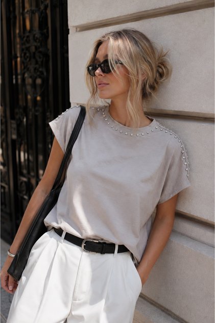 Women's Beige Stone Detailed Short Sleeve Viscose Blouse