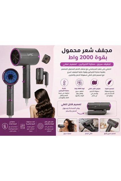 مجفف شعر محمول بقوة 2000 واط مع تقنية حماية الكيراتين، مجفف شعر للسفر بمقبض قابل للطي لتجفيف سريع وتصفيف الشعر