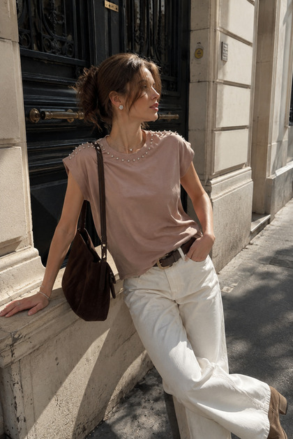 Women's Mink Stone Detailed Short Sleeve Viscose Blouse