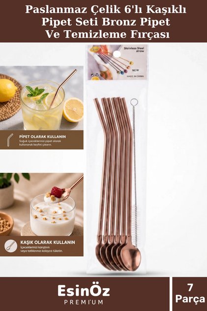 #Pipet Paslanmaz Çelik 6'lı Kaşıklı Pipet Seti Pipet Ve Temizleme Fırçası Kokteyl, Milkshake Ve Smoothies İçin Temizleme Fırçalı Pipet 6 Adet Metal Pipet Ve Temizleme Fırçası