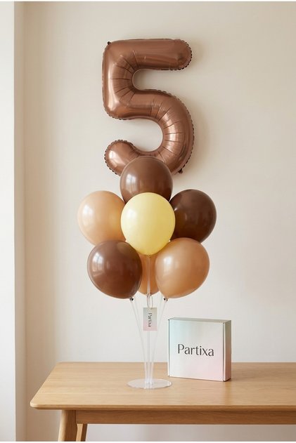 Chocolate Brown Number Balloon Stand Set | Transparent 7-Piece Stand + Chocolate Brown Number Foil Balloon 32” + 7 Latex Balloons (Mocha-Latte-Butter)