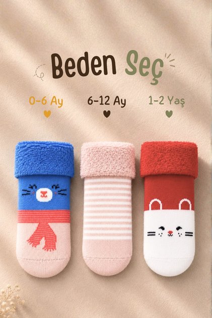 Children's Multi-Colored Towel Curled Booties Socks Patterned 3-Pack