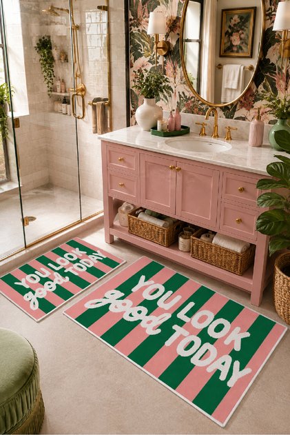 Pink Green You Look so Good Written Bath Mat Set of 2