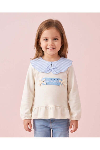 Girls White 3D Cat Applique Striped Scallop Collar Top
