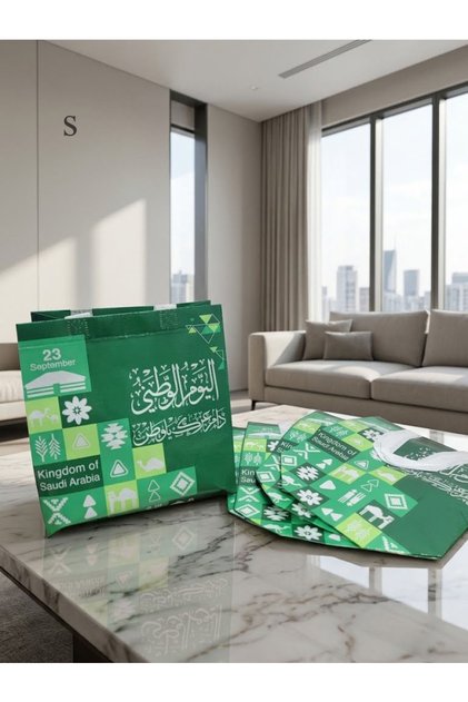 Set of 5 Pieces, Fabric Tote Bags for the 96Th Saudi National Day, Dimensions: Height 23cm X Width 22cm X Depth 11cm,
