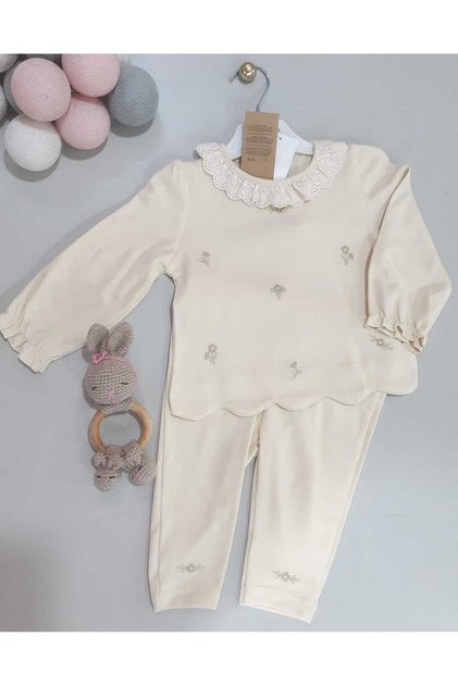FIRIFIR FİSTO YAKALI ÇİÇEK NAKIŞLI İKİLİ KIZ BEBE ÇOCUK TAKIM