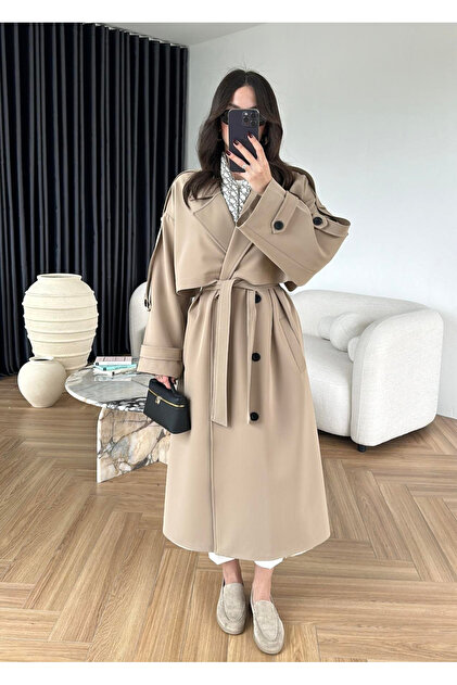 Camel Lucky Düğme Detaylı Oversize Trençkot-9476