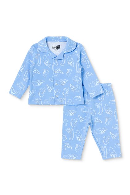 HelloBaby Erkek Bebek Pijama Takımı Hayvan Baskılı Düğmeli Gömlek Yaka Long Sleeve Reçme