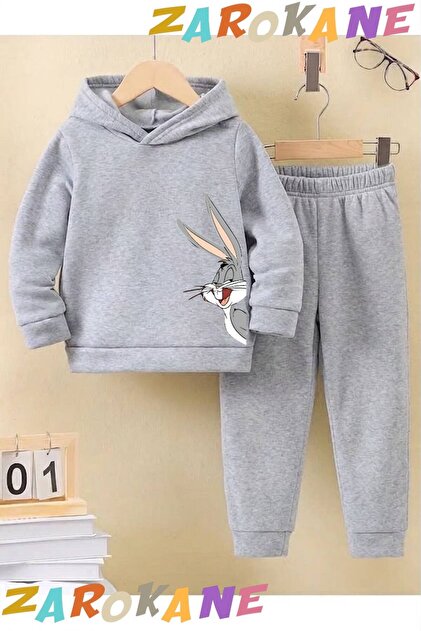 Yandan Rabbit Printed Winter Children's Hooded Cotton Insulated Tracksuit Set (Bottom Tracksuit with Pockets)