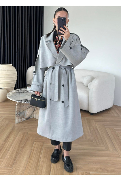 Gray Lucky Button Detailed Oversize Trench Coat-9476